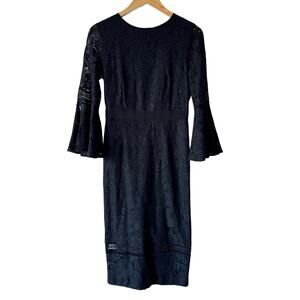 Eva‎ Mendes Dress Womens 6 Black Lace Midi Witchy Career Whimsygoth Long Sleeve